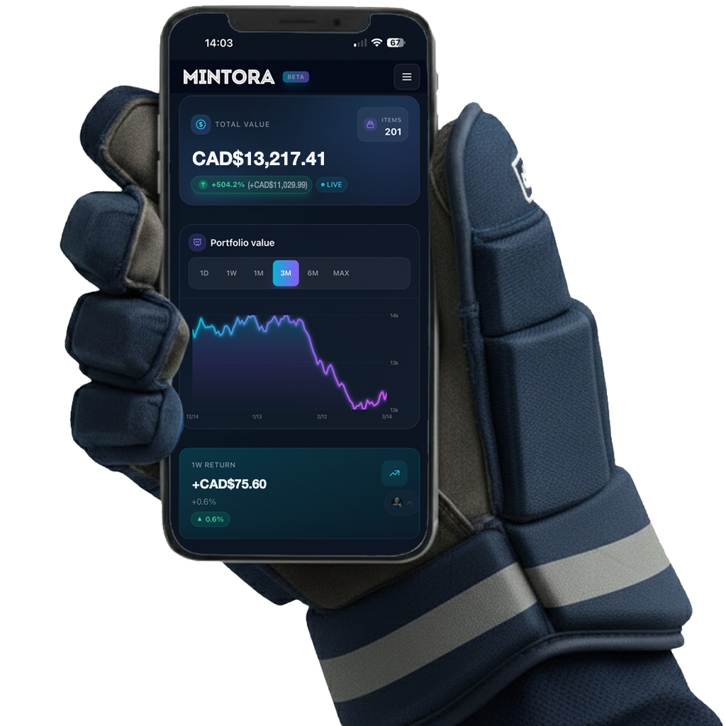The Mintora app on a phone held in a hockey glove