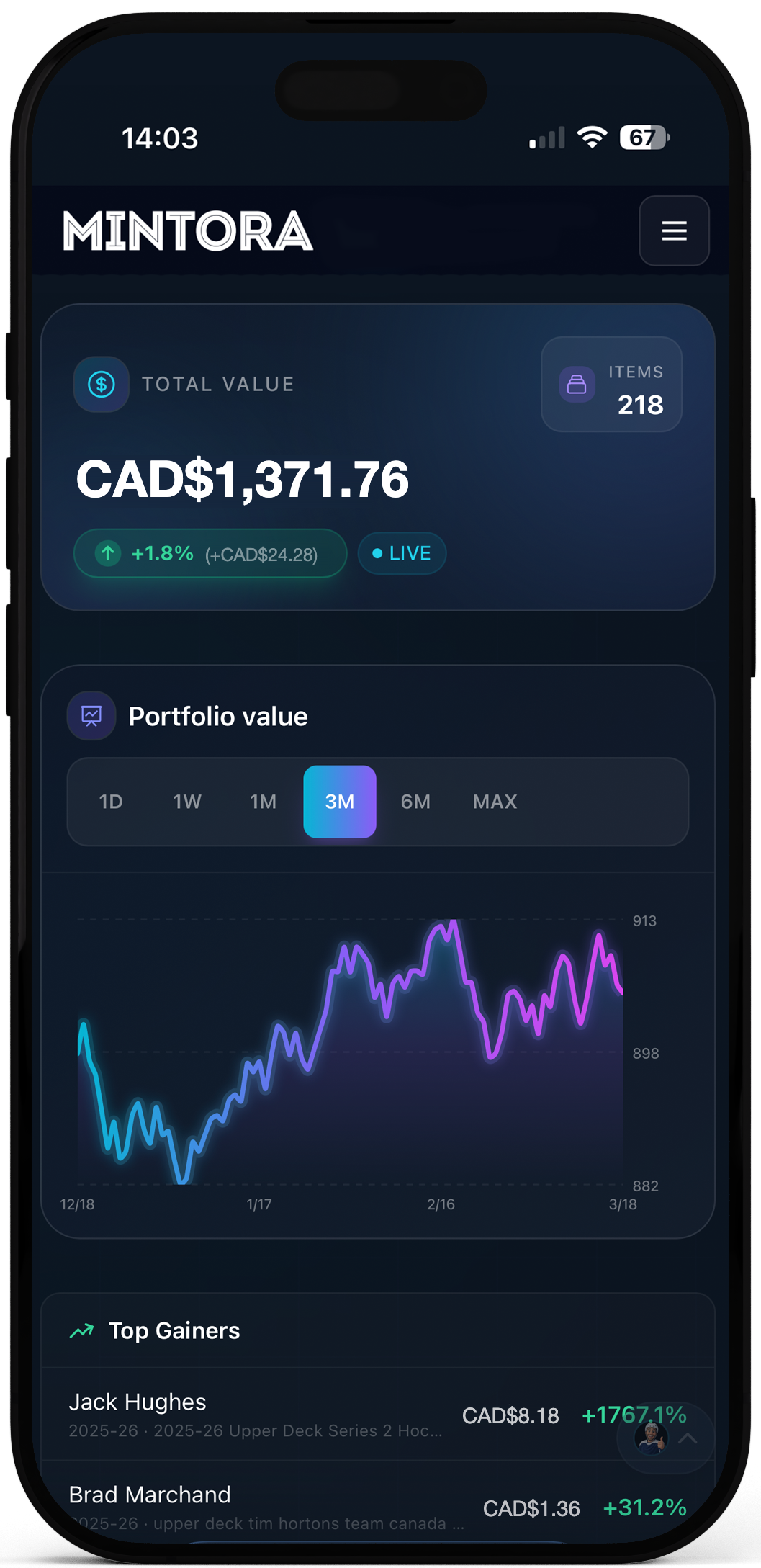 Portfolio value in the Mintora app
